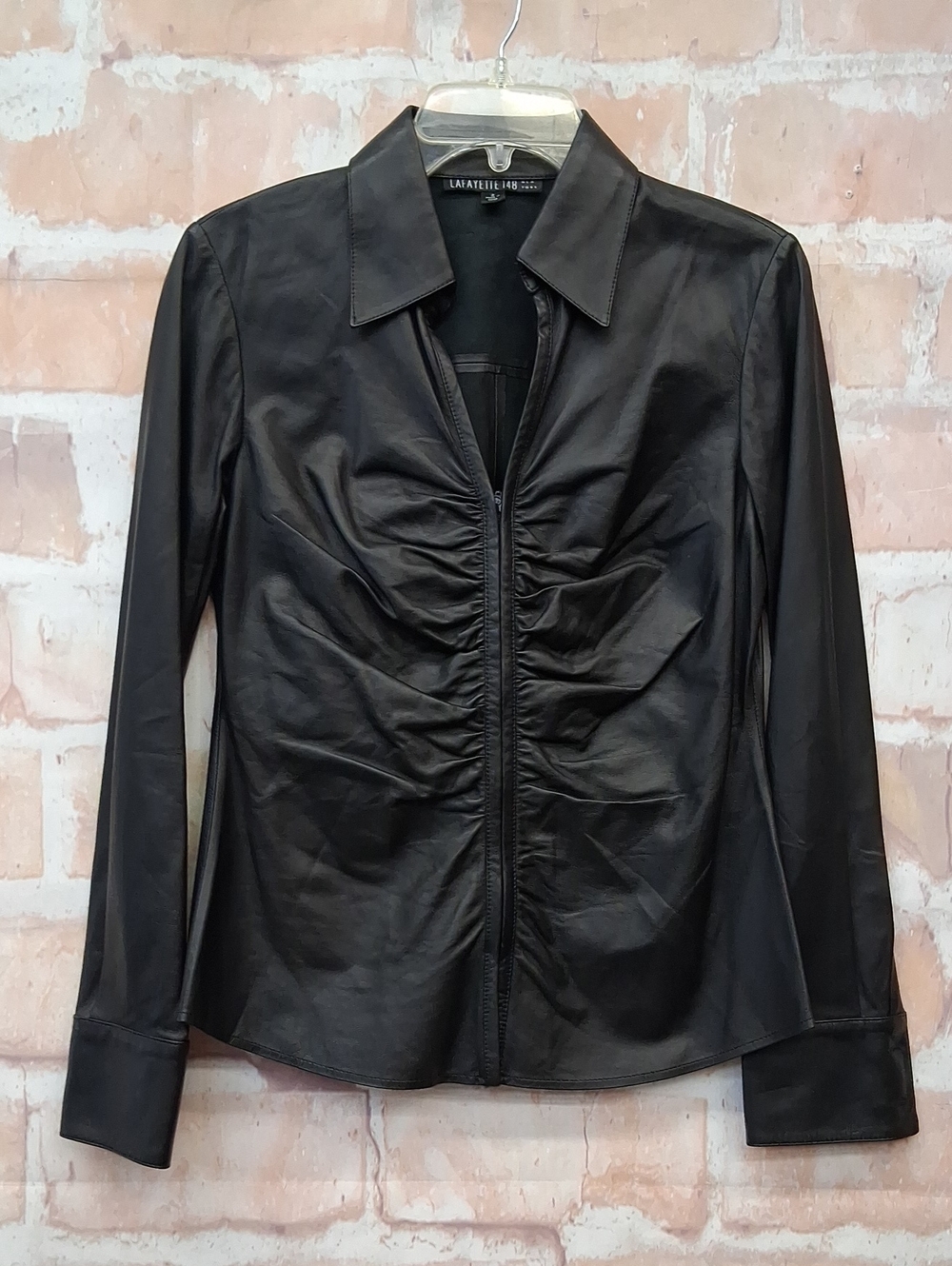 Lafayette 148 New York Black 100% Leather Ruched Zip Jacket